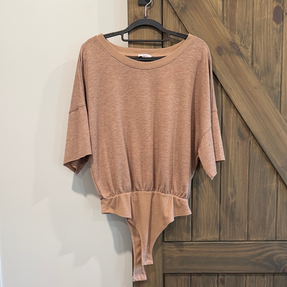 Pink Lily Washed Tan Short Sleeve Bodysuit